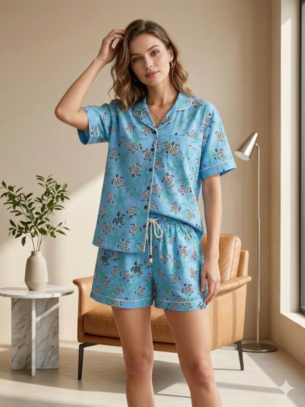 Blue Hand Block Print Cotton Shorts Set Boho Summer Lounge & Sleepwear for Women